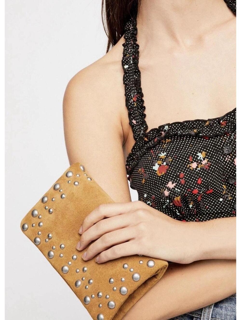 FREE PEOPLE KINGSTON STUDDED Brown SUEDE CROSSBODY CONVERTIBLE CLUTCH BAG Read